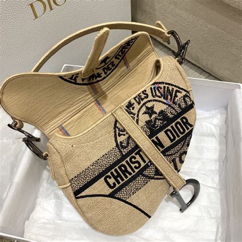 Saddle Bag Beige Jute Canvas Embroidered with Dior Union 